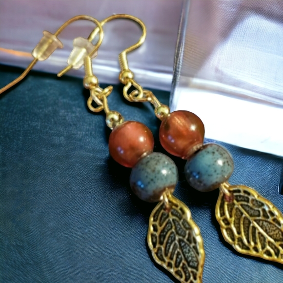 Fall Boho Gold Leaf Hand Crafted Drop Earrings - Picture 2 of 5